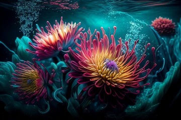 Fototapeta na wymiar Abstract underwater colorful flowers. Illustration AI