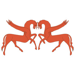 Symmetrical animal design with two red winged horses. Medieval Russian folk style. Pegasus. Isolated vector illustration. On white background.