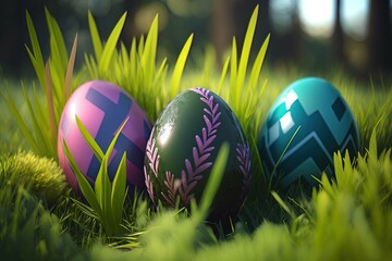 Easter eaggs between spring  flowers in the grass. Created using artificial intelligence.