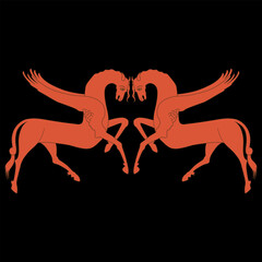 Symmetrical animal design with two red winged horses. Medieval Russian folk style. Pegasus. On black background.
