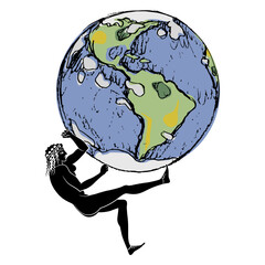 Naked ancient Greek woman holding planet Earth. Goddess Gaia. Creative mythological and environmental concept. Isolated vector illustration.
