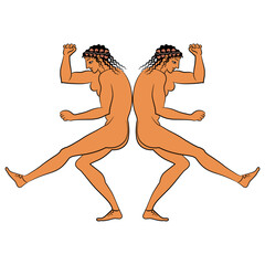 Symmetrical design with two dancing naked ancient Greek woman back to back. Vase painting style.