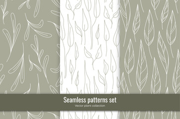 Vector seamless patterns set of many different linear leaves. Beautiful artistic fabric swatch. Decorative art element for cosmetic package design, creative advertising banner. Stylish cloth print.