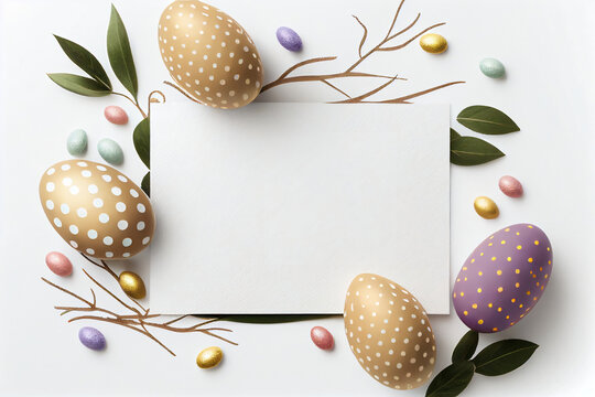 Beautiful Easter eggs with copy space on white background. Illustration AI