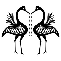 Symmetrical animal design with two funny standing birds holding wriggling worms in their beaks. Archaic ancient Greek vase painting folk style. Black and white silhouette.