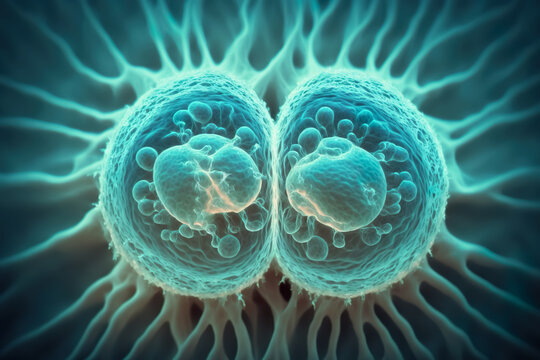 Embryonic stem cells division. Human cells under microscope. In vitro concept. Generative AI
