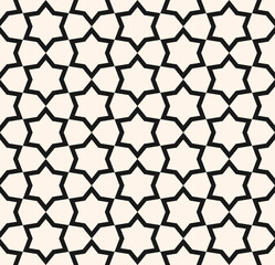 Abstract vector geometric seamless pattern. Traditional oriental ornament with outline stars, mesh, grid, floral silhouettes. Simple black and white background. Elegant ornamental repeat geo design