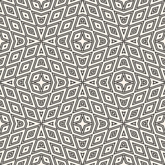 Abstract vector geometric seamless pattern. Black and white geometrical background with outline shapes, diamonds, triangles, stars in regular grid. Simple minimal monochrome texture. Repeat design