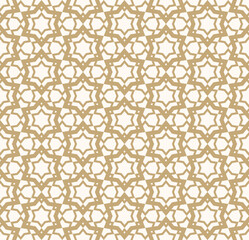 Abstract golden vector geometric seamless pattern. Traditional oriental ornament with stars, mesh, grid, lattice, flower silhouettes. Simple luxury gold and white background. Elegant repeat geo design