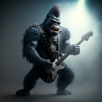 Epic rocker gorilla with guitar, Generative AI