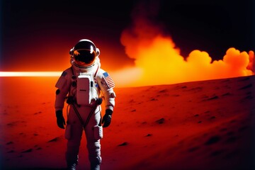 Astronaut in front of a flame on another planet, Astronaut facing dangers in another planet