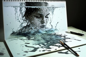 notebook drawing dipped in water, Generated AI