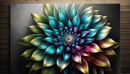 picture of a colorful flower on a canvas, picture hanging on a wooden wall