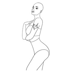 Bald Girl in lingerie standing sideways linear vector illustration. Pretty bald hair woman in swimsuit vector outline. Design for fashion, lingerie, swimsuits, web design.