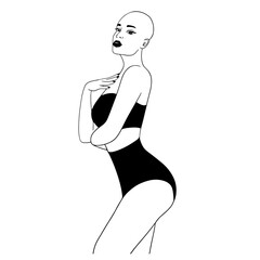 Bald Girl in black lingerie standing sideways linear vector illustration. Pretty bald hair woman in black swimsuit vector outline. Design for fashion, lingerie, swimsuits, web design.