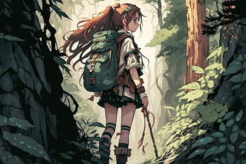 girl walking in the forest, hiking gear, anime