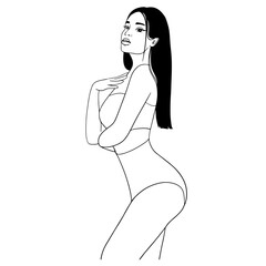Drawn Girl in lingerie standing sideways linear vector illustration. Pretty woman in swimsuit with long straight hair vector outline. Design for fashion, lingerie, swimsuits poster, card, web design