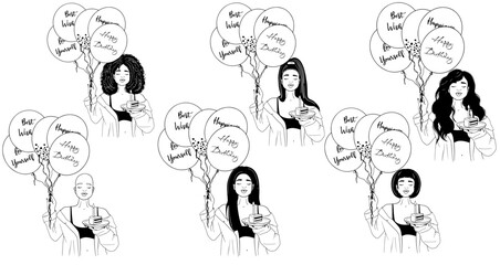 Girls with bundle of Birthday balloons and piece of cake vector outline set. Different young women with a bundle of balloons with birthday wishes and piece of cake linear vector illustration.