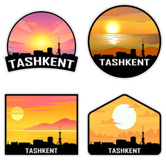 Obraz premium Tashkent Uzbekistan Skyline Silhouette Retro Vintage Sunset Tashkent Lover Travel Souvenir Sticker Vector Illustration SVG EPS AI