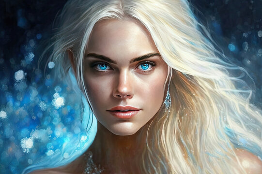 pretty blonde woman, deep blue eyes, ice queen