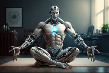 Cyborg doing yoga and meditating at home