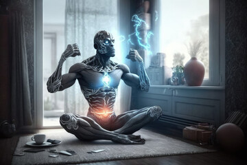 Cyborg doing yoga and meditating at home
