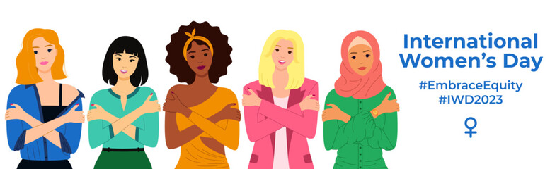 Embrace Equity is theme of International Women's Day 2023. Multicultural women are hugging themself. Love yourself concept. Great for banner, poster, web, landing page, template, social media. Vector