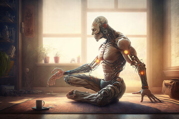 Cyborg doing yoga and meditating at home