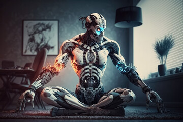 Cyborg doing yoga and meditating at home