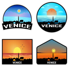 Obraz premium Venice Italy Skyline Silhouette Retro Vintage Sunset Venice Lover Travel Souvenir Sticker Vector Illustration SVG EPS AI