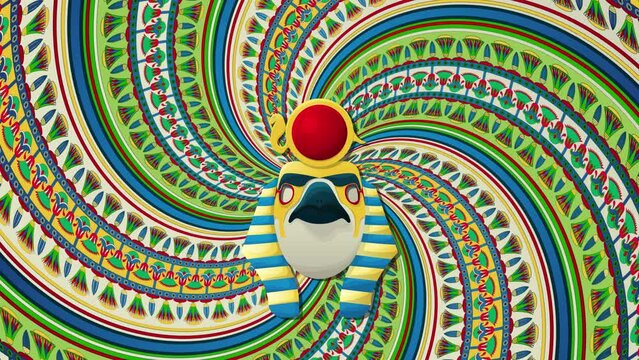 Figure of Ra, Egyptian  god of order, sky and kings over a rotating spiral traditional background