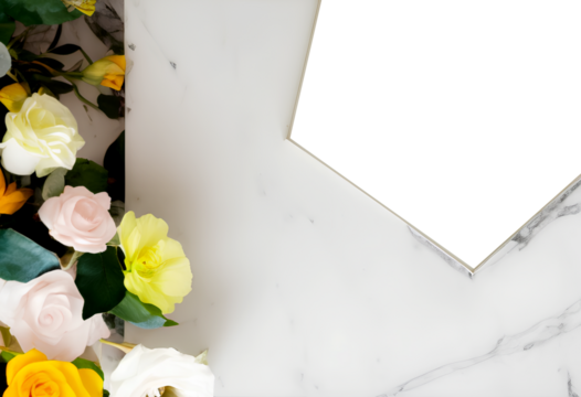 Beautiful abstract floral background. Flat lay, top view spring concept with flowers on marble background, flat lay on light textured stone table. Space for text for your design. Generative AI