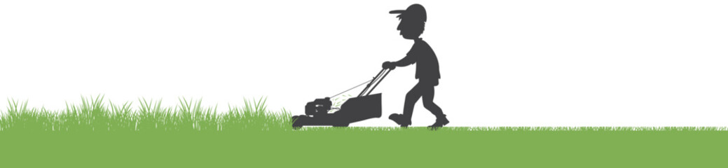 Man with a lawnmower cutting weed and green grass. Mowed grass. Vector cartoon illustration, banner, background, silhouette for garden shop promotion - obrazy, fototapety, plakaty
