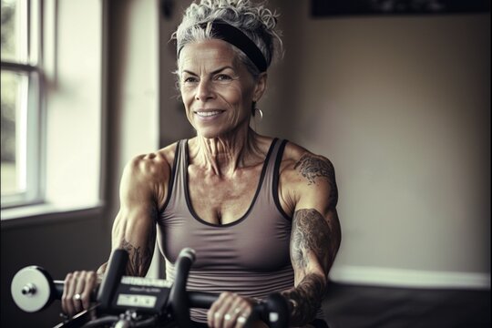 Fit senior active woman athlete smiling training on rowing machine at home or fitness club, healthy elderly lady exercising indoors, pretty sexy body and face, long gray hair, made with AI Generative