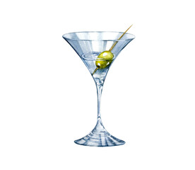 Watercolor illustration of a martini glass with an olive on a skewer. Alcoholic drink. Isolated on white background for menu design in a restaurant, cafe, product.