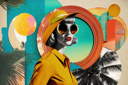 Young fashion woman wearing 60s retro style dress and hat. Summer travel landscape. Generative AI