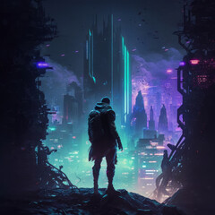Fototapeta na wymiar A futuristic cyberpunk cityscape with neon colors and a figure in the foreground. Generative AI