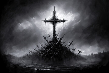 Large cross with smaller crosses, horror, black and white. Generative AI