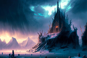 Castle in ice hell landscape. Generative AI