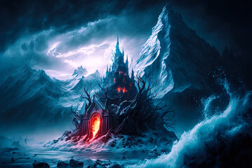 Fototapeta na wymiar Horror castle in ice hell landscape. Generative AI