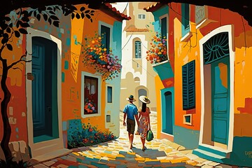 Obraz na płótnie Canvas Young couple taking stroll through a sun-dappled street filled with colourful intricately painted houses, concept of Relaxation and Romance, created with Generative AI technology