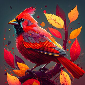 Abstract painting of beautiful male red cardinal in garden. Virginian cardinal on the branch among leaves in forest. Generative AI art.