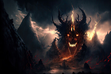 Hell landscape, giant demon head with steps leading to mouth. Generative AI