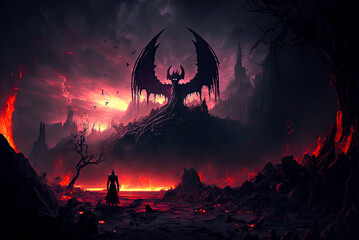 Hell landscape, winged demon, horror. Generative AI