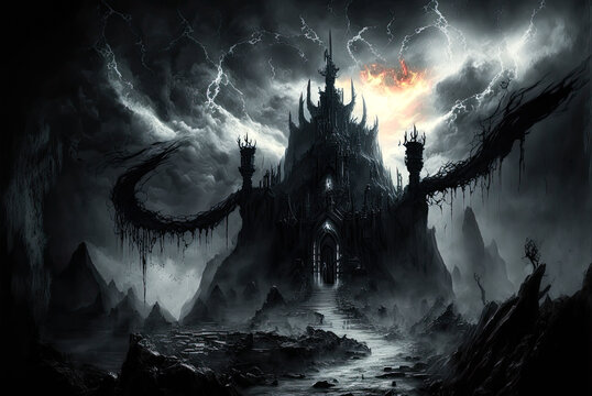 Hell landscape, dark castle, horror. Generative AI