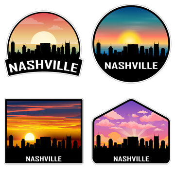 Nashville Tennessee USA Skyline Silhouette Retro Vintage Sunset Nashville Lover Travel Souvenir Sticker Vector Illustration SVG EPS AI