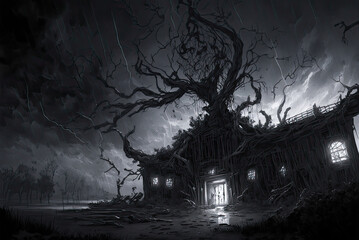 House with dead tree, raining, night, horror, black and white. Generative AI