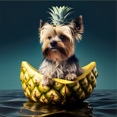 yorkshire terrier puppy in a pineapple boat