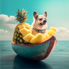 A dog on a pineapple boat 