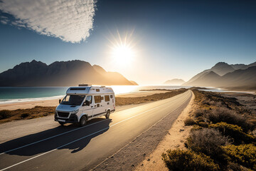 Obraz premium Motorhome driving under the sunlight by the coastline. Van life concept, travel, wanderlust. Generative AI